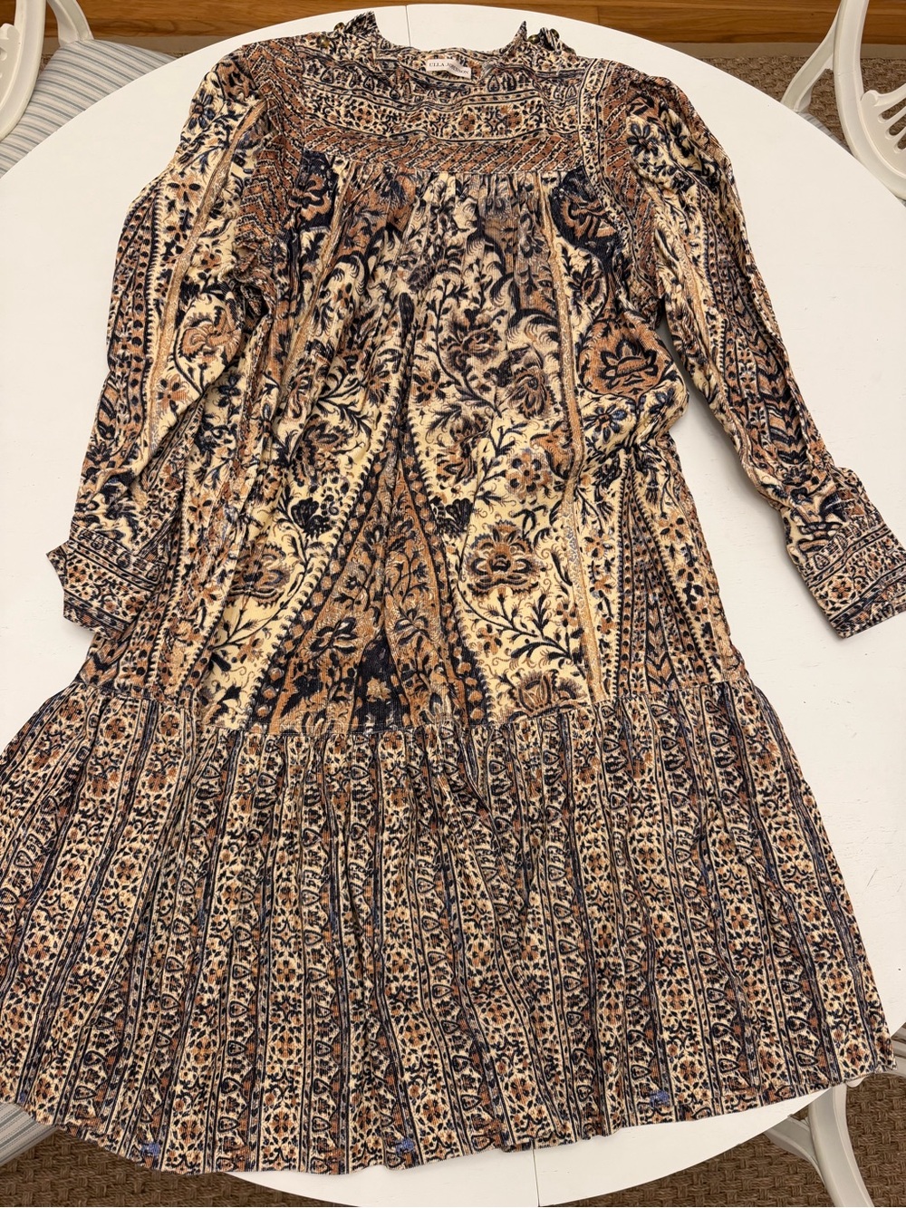 Ulla Johnson Brown and Cream Paisley Long-Sleeve Midi Dress